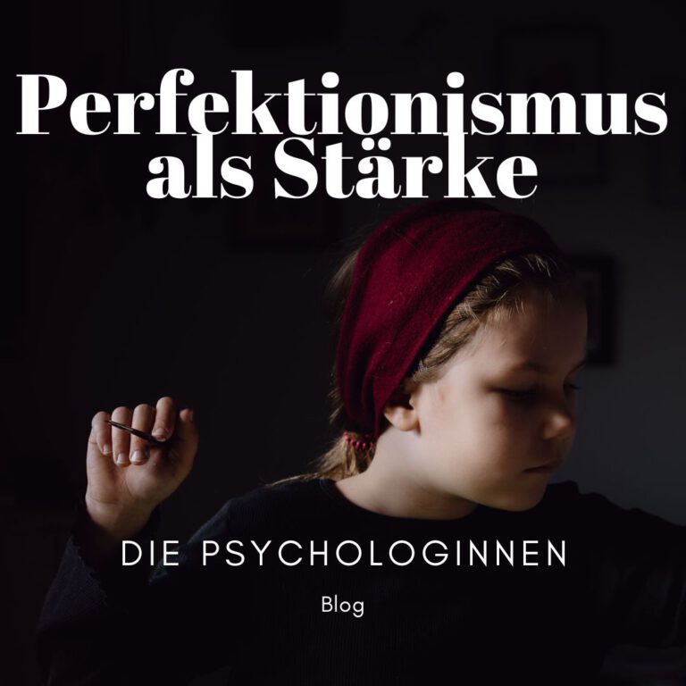 Perfektionismus als Stärke - Die Psychologinnen als Titel, vor dunklem Hintergrund sieht man ein schwach beleuchtetes Mädchen mit rotem Stirnband, dass eine Hand mit einem Pinsel hochhält und gebannt nach unten außerhalb des Bildes schaut.